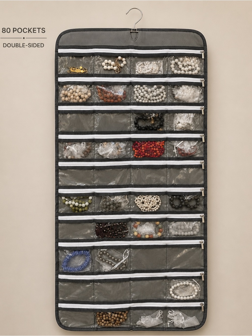 ANZORG 80 Pocket Double Sided Hanging Jewelry Organizer Gray